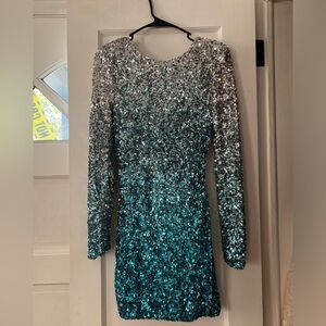 Silver & Blue Sequin Open Back Mini Dress